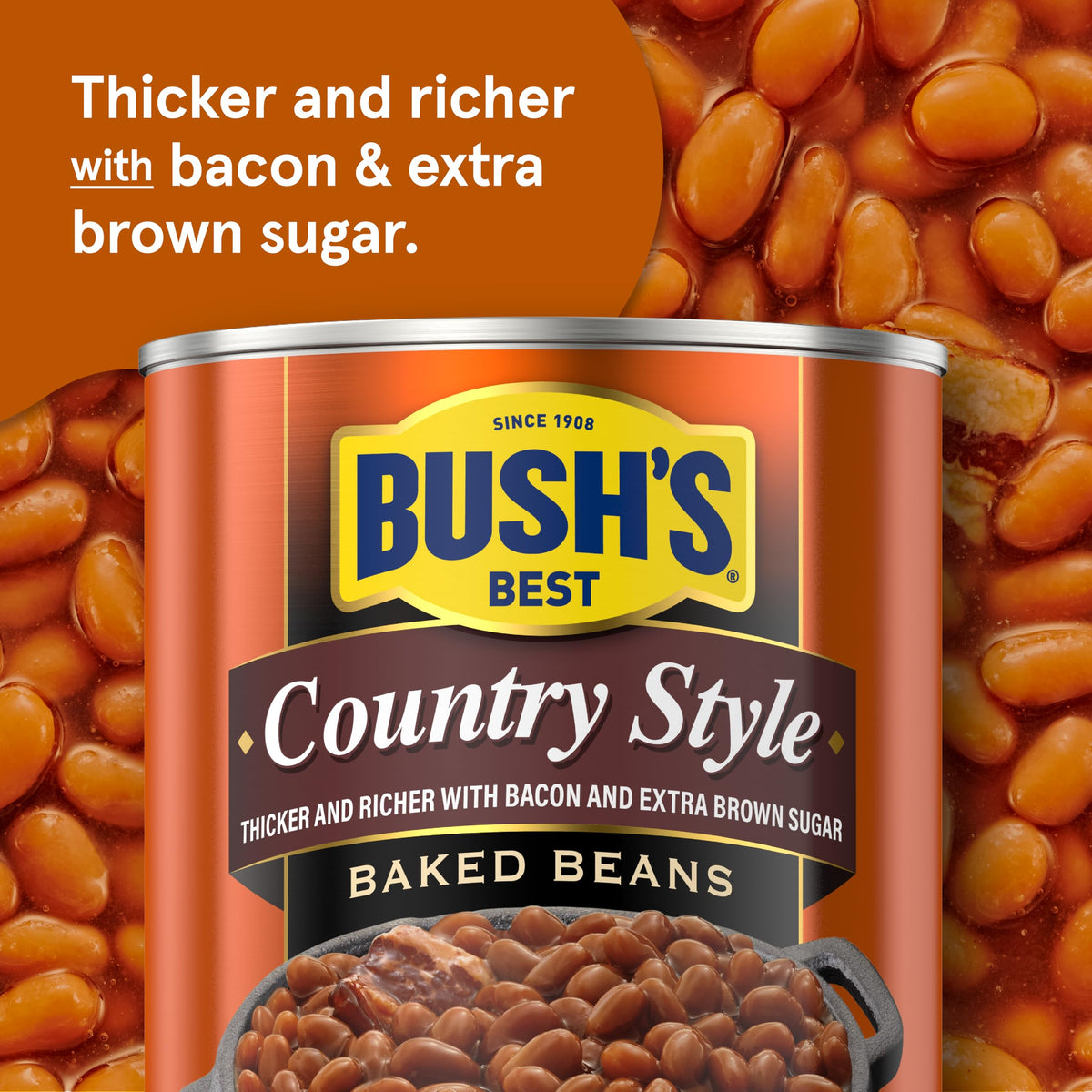 Bush's Best Country Style Baked Beans poured over a bowl for a quick weeknight meal.