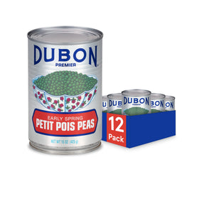 Bush's Best Dubon Premier Petit Pois canned peas 12-pack on shelf, ideal pantry staple.