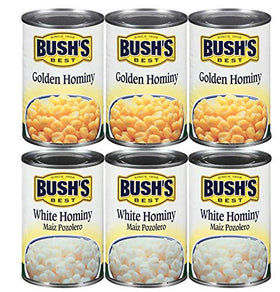 Bush's Best Golden Hominy Can, ready to elevate soups and casseroles.