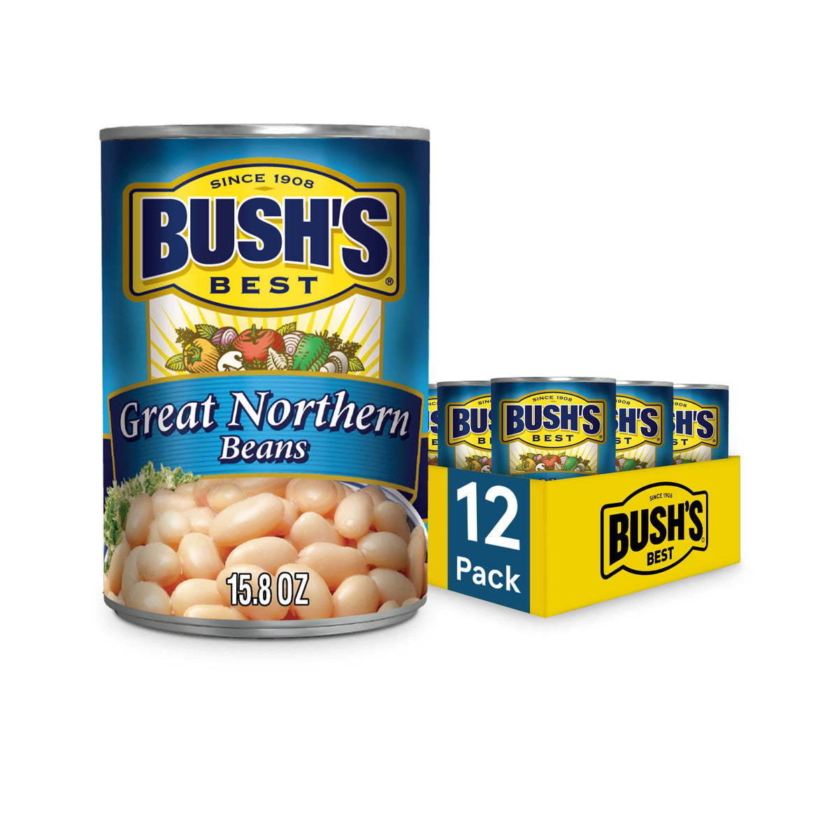Bush's Best Great Northern Beans can on pantry shelf, protein-rich staple.