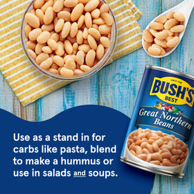 Bush's Best Great Northern Beans 12-pack packaging, convenient bulk option.