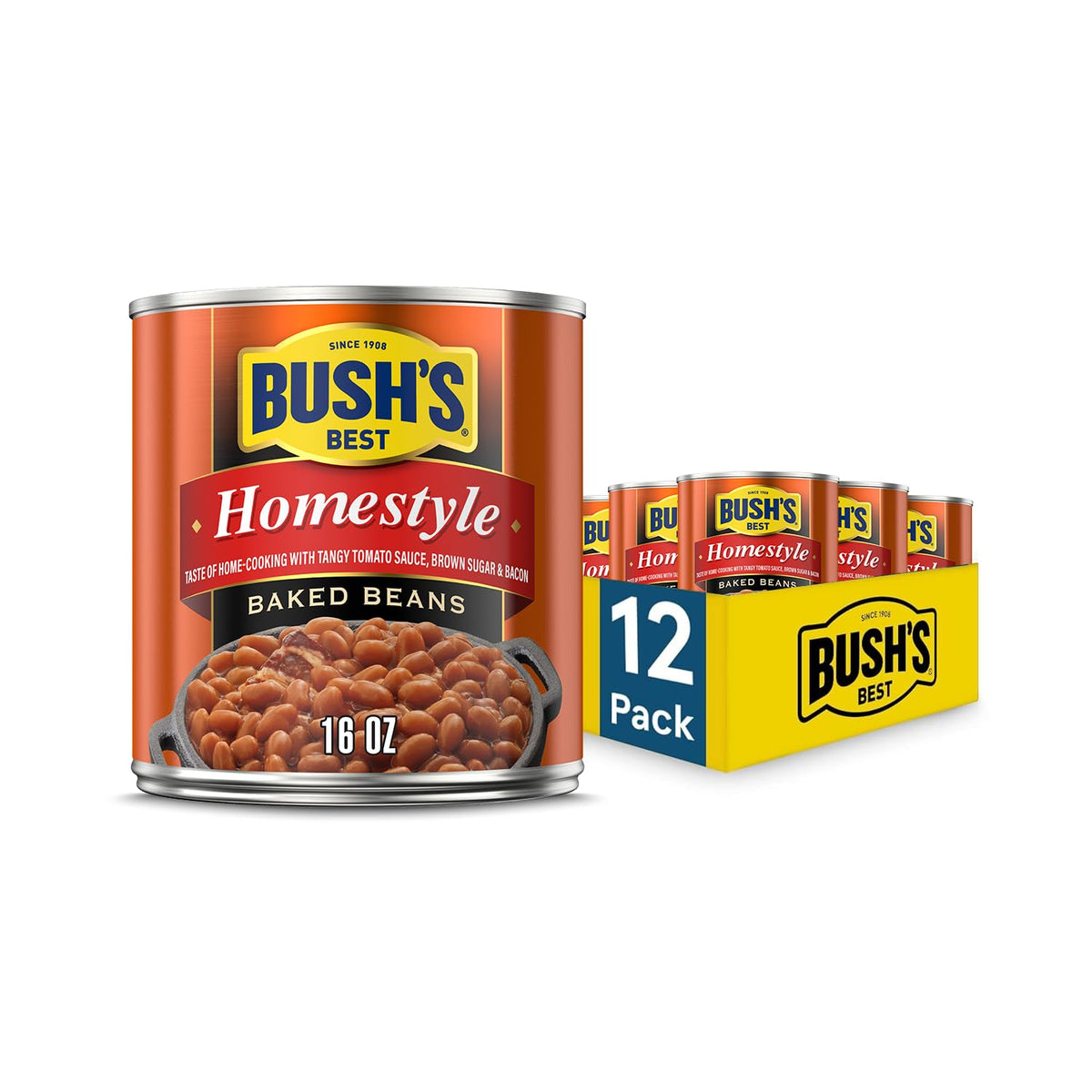 Bush's Best Homestyle Baked Beans can, tangy sauce for quick meals