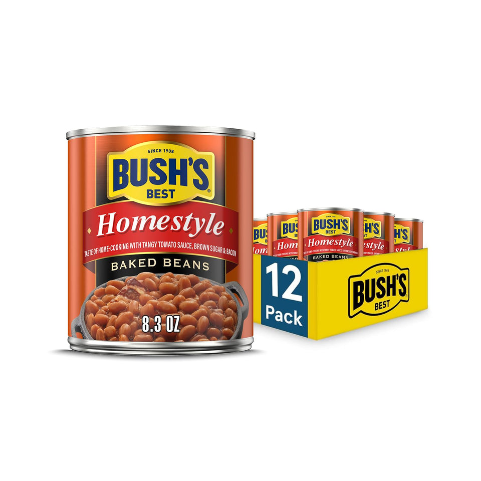 Bush's Best Homestyle Baked Beans can showing protein and fiber in a pantry staple
