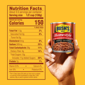 Close-up of navy beans in Bush's Best Homestyle Baked Beans sauce