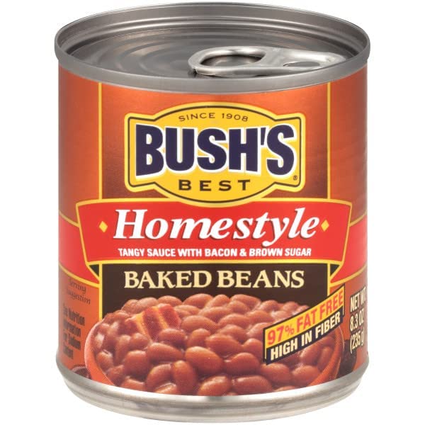 Bush's Best Homestyle Baked Beans front can showing classic flavor ideal for family meals