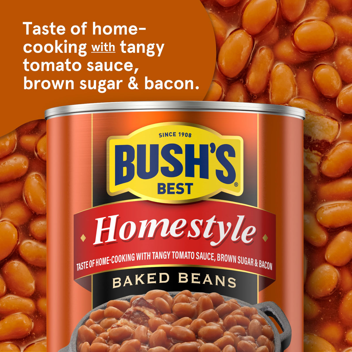 Spoon serving Bush's Best Homestyle Baked Beans with tangy sauce