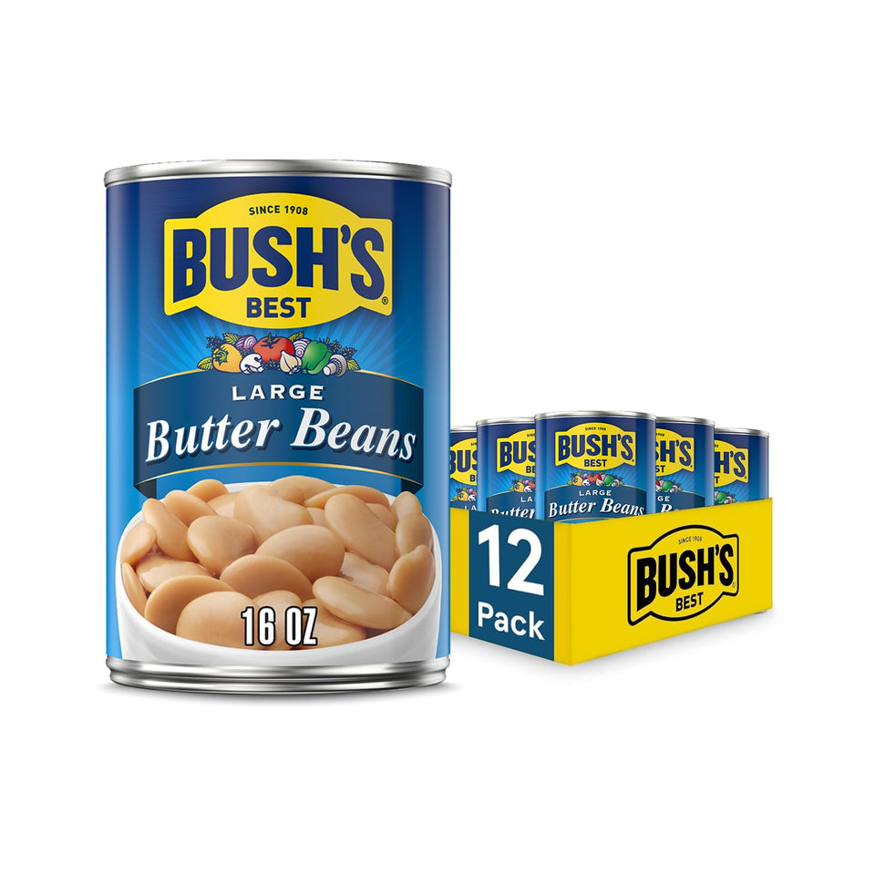 Bush's Best large butter beans close-up, creamy texture for hearty recipes.