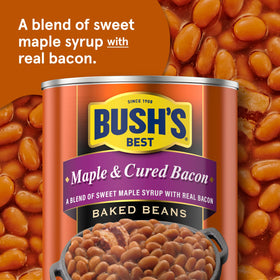 Bush's Best maple cured bacon baked beans served as hearty side with grilled meats