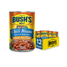 Bush's Best medium-pinto chili beans in a can, ready-to-use chili base.