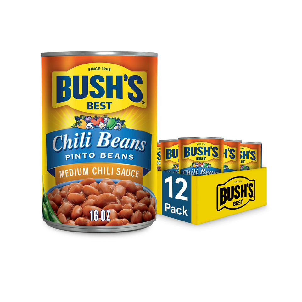 Bush's Best medium-pinto chili beans in a can, ready-to-use chili base.