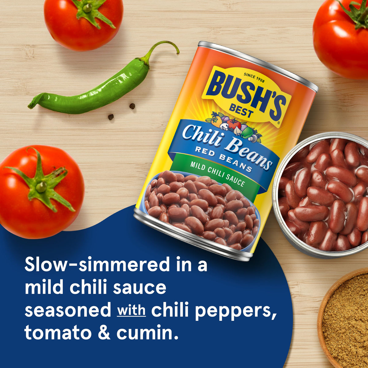 Close-up of Bush's Best Mild Red Chili Beans showing creamy red beans for chili.