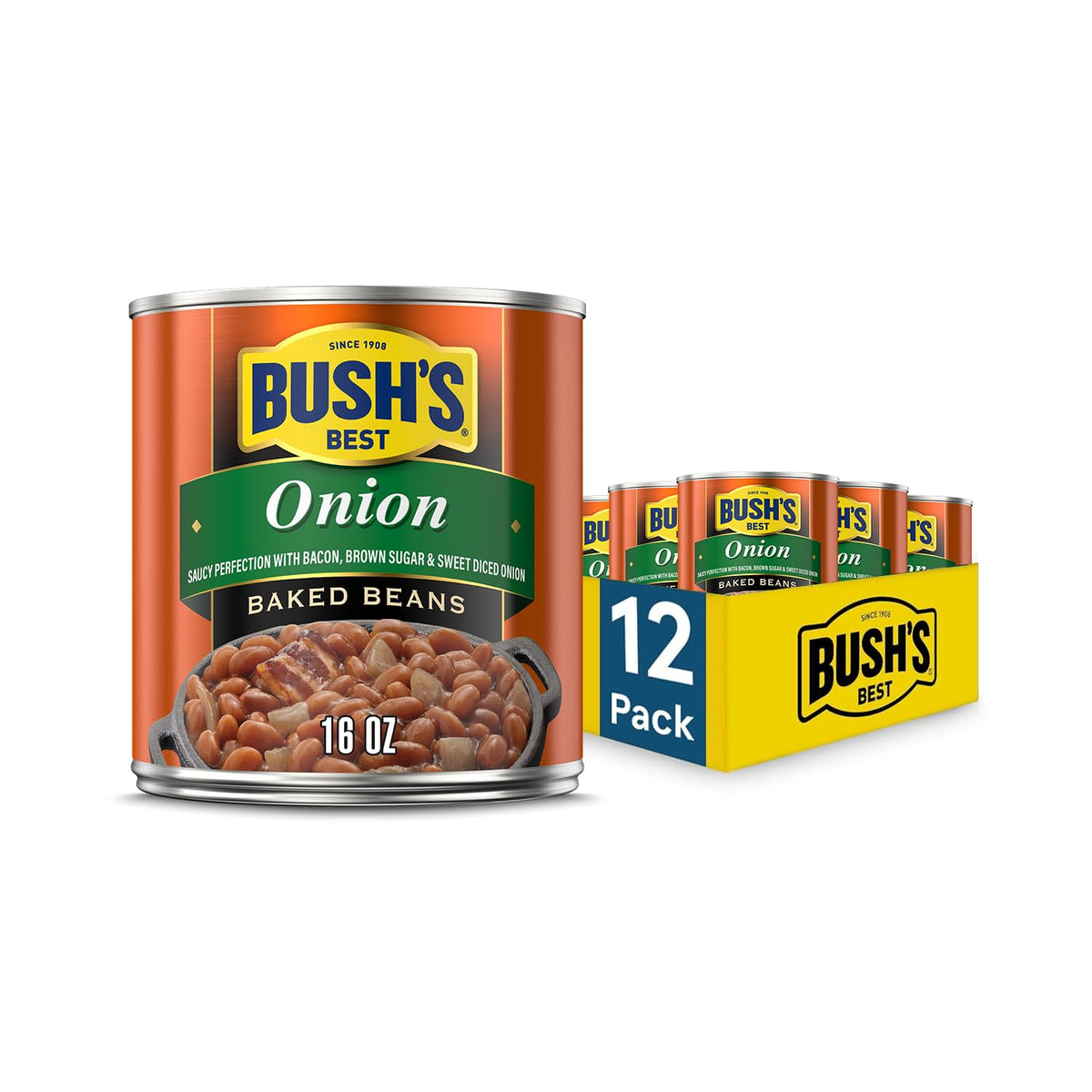 Bush's Best Onion Baked Beans label close-up highlights ingredients and flavor.