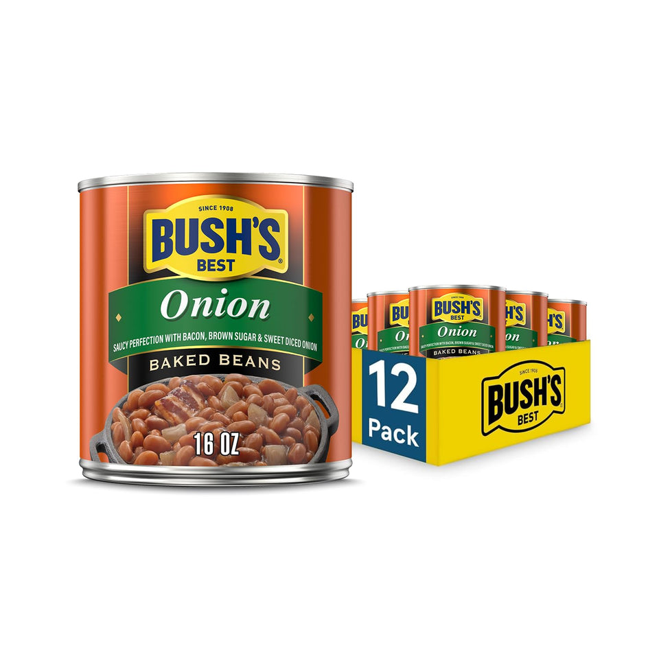 Bush's Best Onion Baked Beans label close-up highlights ingredients and flavor.