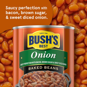 Bush's Best Onion Baked Beans in pantry stack ready for bulk meals.