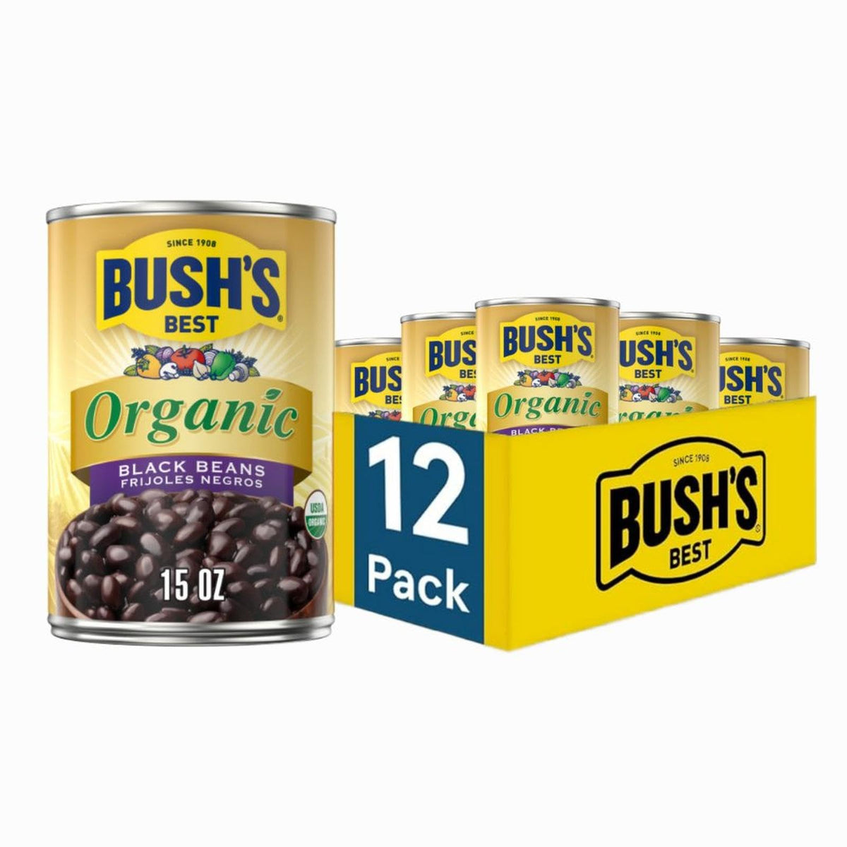 Bush's Best Organic Black Beans cans on a pantry shelf, gluten-free pantry staple.