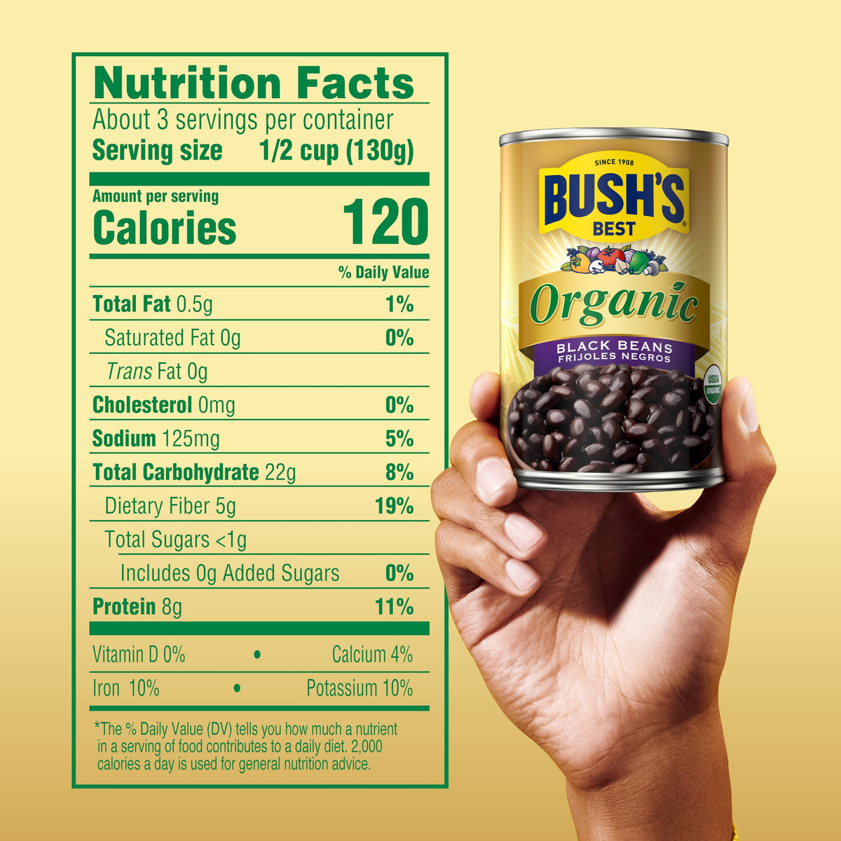 Pouring Bush's Best Organic Black Beans from a can into a pot for cooking.