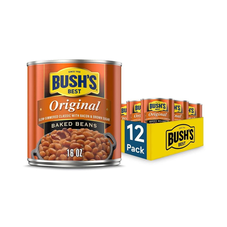 Bush's Best Original Baked Beans can showing protein and fiber in a pantry staple.