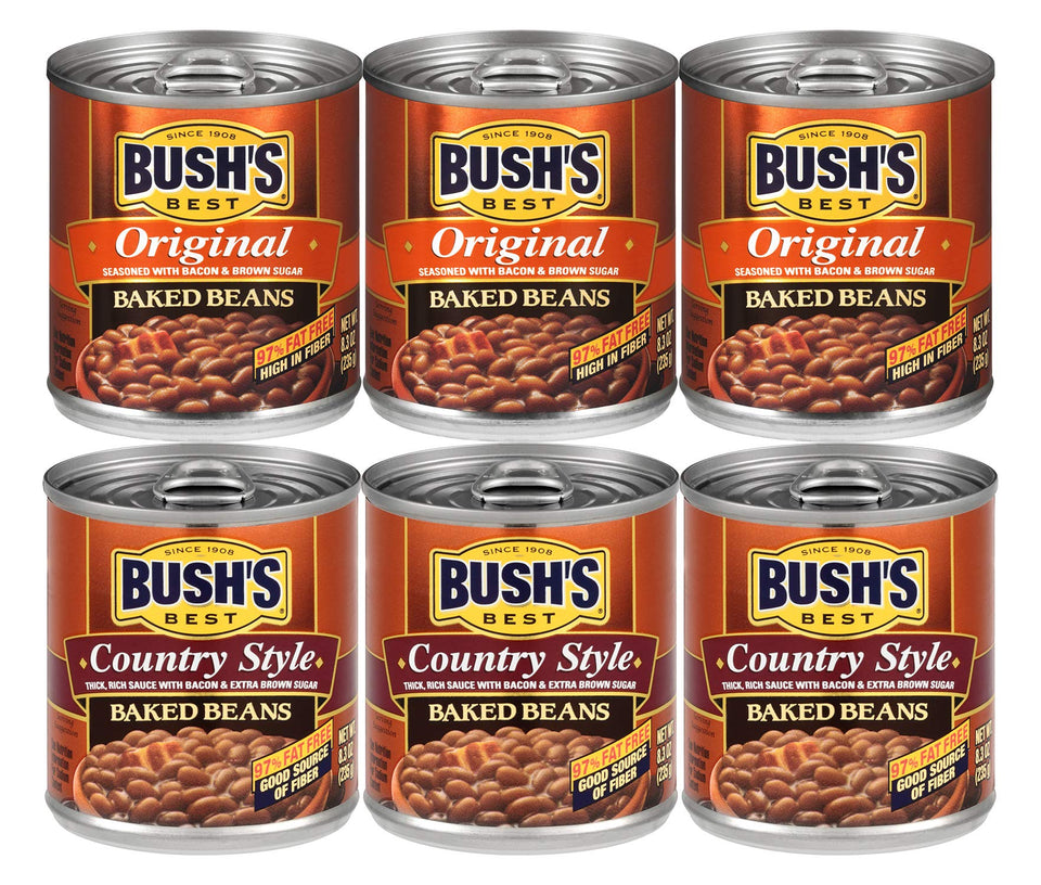 Bush's Best Original Baked Beans can on a pantry shelf, ready for quick family meals.