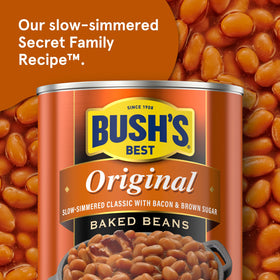 Bush's Best Original Baked Beans label highlighting gluten-free option.
