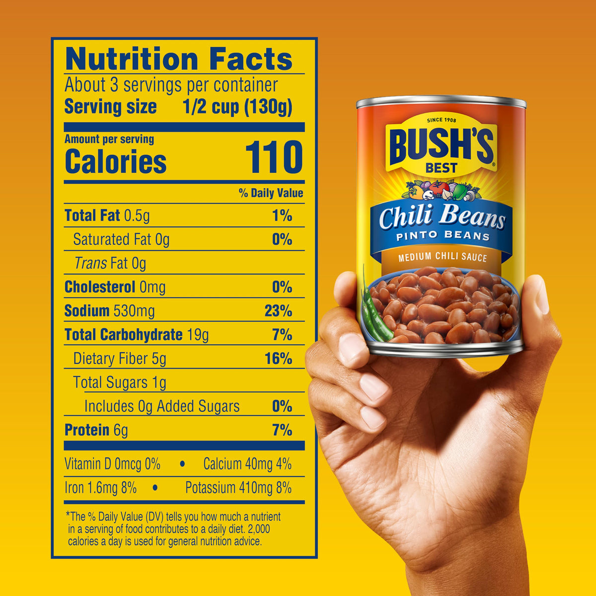 Bush's Best pinto beans in chili sauce with tomatoes and garlic for rich flavor.