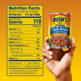 Bush's Best pinto beans in chili sauce with tomatoes and garlic for rich flavor.