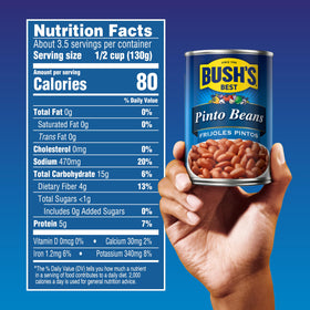 Bush's Best Pinto Beans in a recipe bowl, perfect for chili and soups.