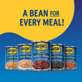 Bush's Best Pinto Beans pack on shelf display of 12 cans.
