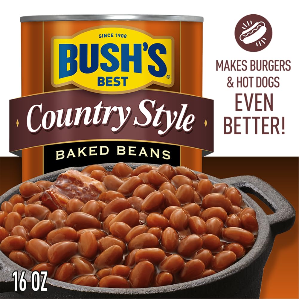 Bush's Best ready-to-serve baked beans beside grilled dishes.
