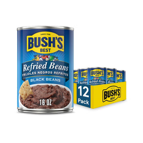 Bush's Best Refried Black Beans close-up on the can, a protein-packed pantry staple
