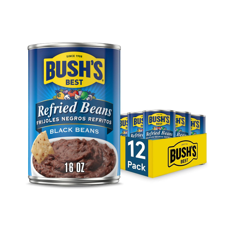 Bush's Best Refried Black Beans close-up on the can, a protein-packed pantry staple