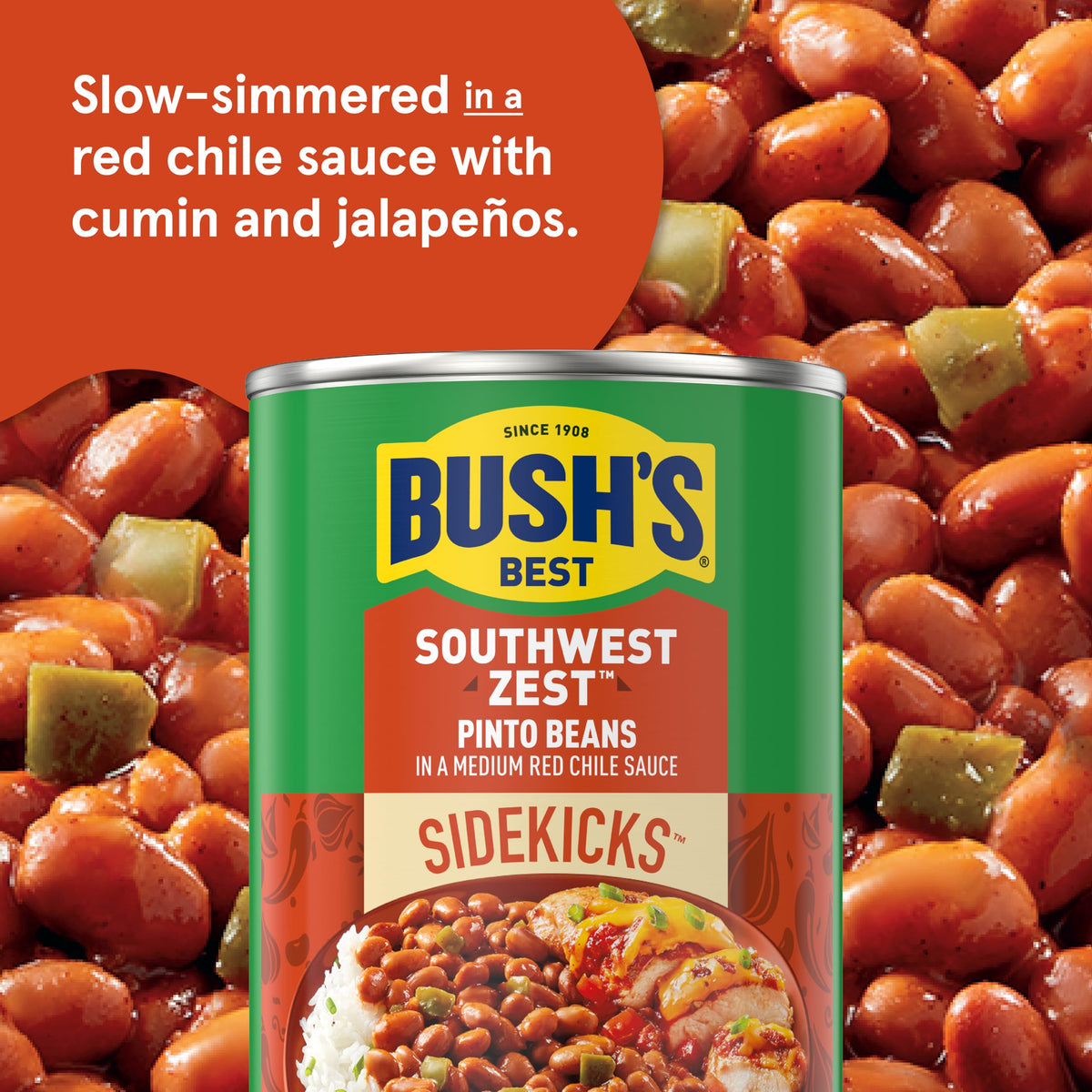 Bush's Best Southwest Zest Pinto Beans can side view highlights convenient canned protein