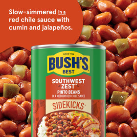 Bush's Best Southwest Zest Pinto Beans can side view highlights convenient canned protein