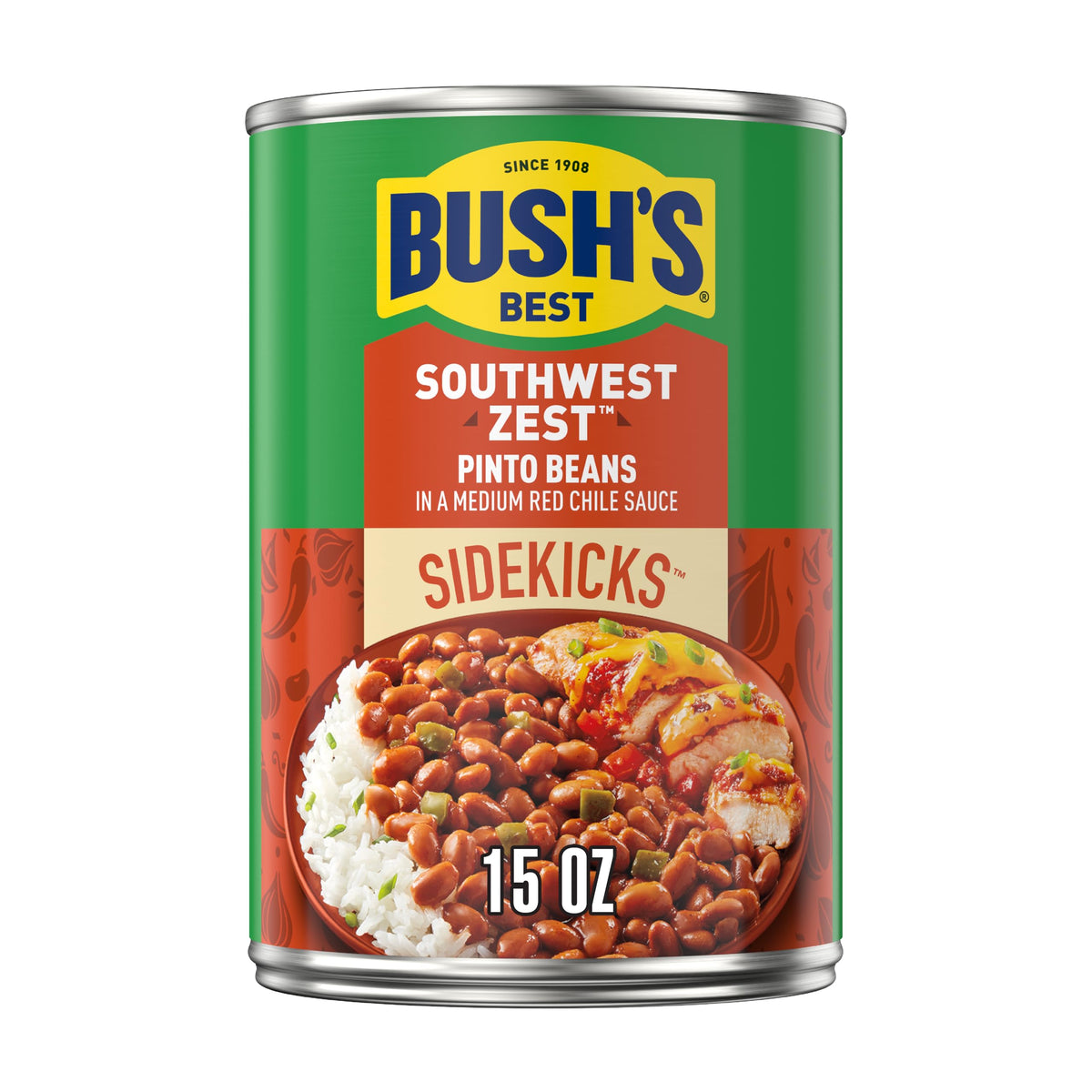 Bush's Best Southwest Zest Pinto Beans label closeup with bold branding and chili notes