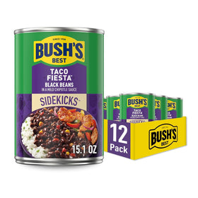 Bush's Best Taco Fiesta Black Beans can – protein-rich canned beans for quick meals.