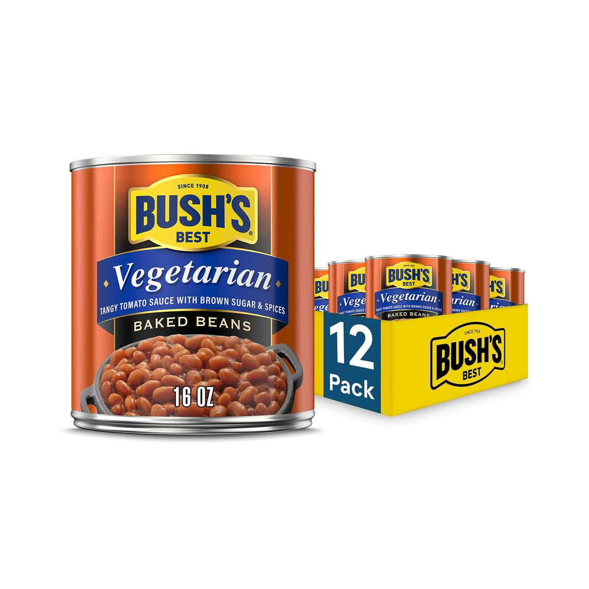 Bush's Best vegetarian baked beans can front label shows flavor and protein.