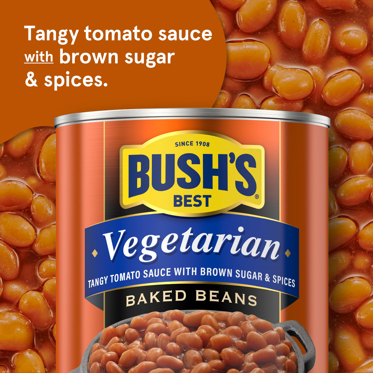 Bush's Best vegetarian baked beans can side view highlights hearty navy beans.