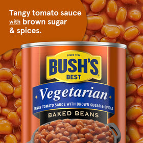 Bush's Best vegetarian baked beans can side view highlights hearty navy beans.