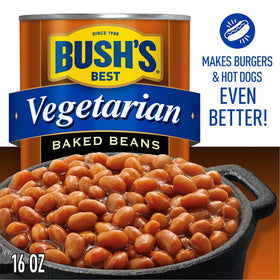 Bush's Best vegetarian baked beans label emphasizes gluten-free status for cooking.