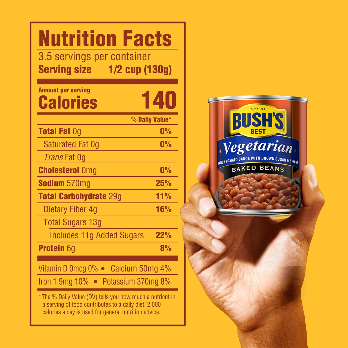 Bush's Best vegetarian baked beans spoon-serving image suggests quick, ready-to-eat convenience.
