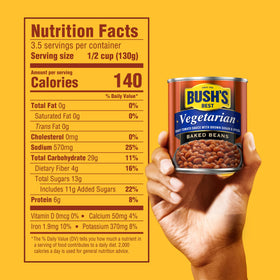 Bush's Best vegetarian baked beans spoon-serving image suggests quick, ready-to-eat convenience.