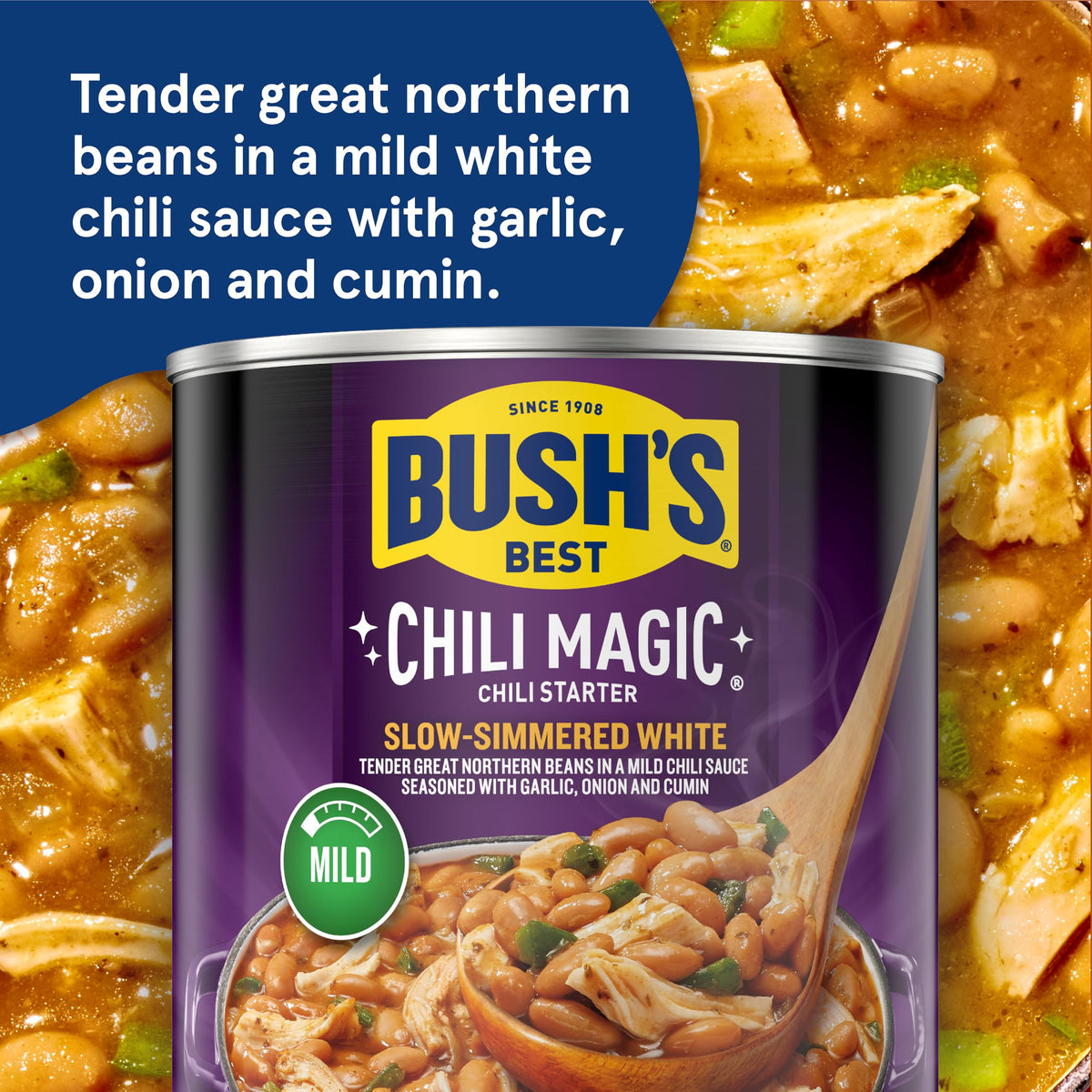 Serving bowl of Bush's Best White Chili Magic Starter ready for a fast, flavorful dinner.