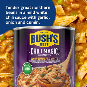 Serving bowl of Bush's Best White Chili Magic Starter ready for a fast, flavorful dinner.