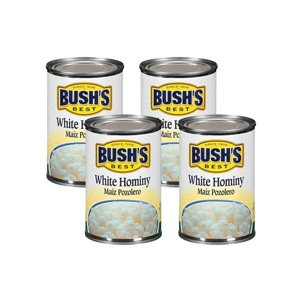 Bush's Best White Hominy can front view, ready-to-use base for quick weeknight meals.