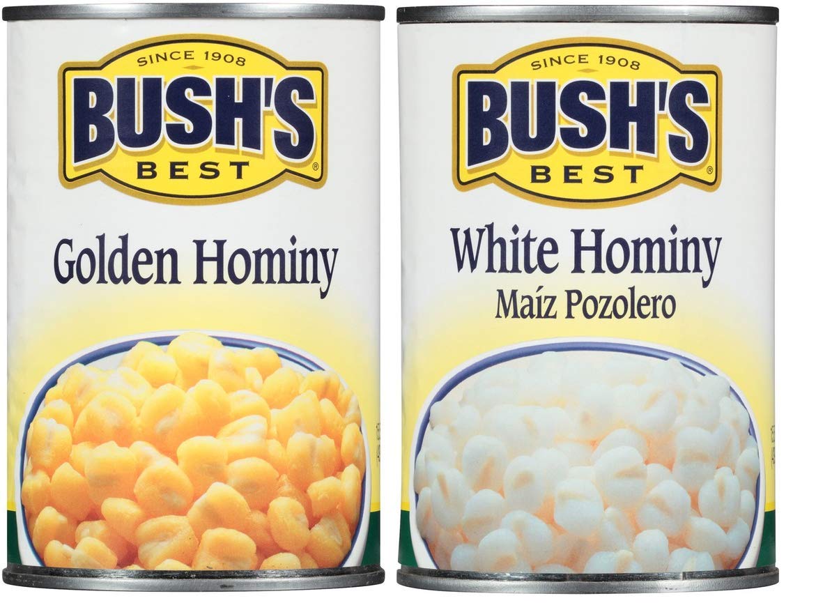 Bush's Best White Hominy Can, plump kernels ideal for pozole and sides.