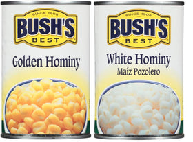 Bush's Best White Hominy Can, plump kernels ideal for pozole and sides.