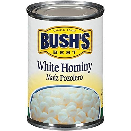 Bush's Best White Hominy pack-of-four back-label, pantry-friendly staple for versatile recipes.