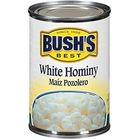 Bush's Best White Hominy pack-of-four back-label, pantry-friendly staple for versatile recipes.