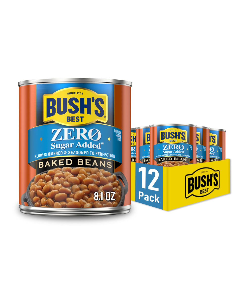 Bush's Best Zero Sugar Added Baked Beans can label, gluten-free and low-fat option.