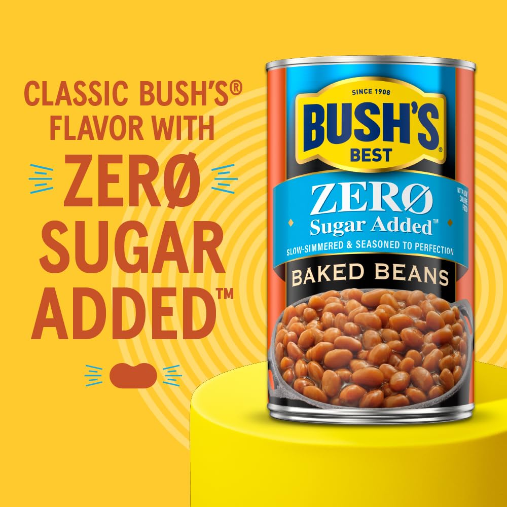 Bush's Best Zero Sugar Added Baked Beans served in a bowl for quick meals.