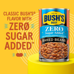 Bush's Best Zero Sugar Added Baked Beans served in a bowl for quick meals.